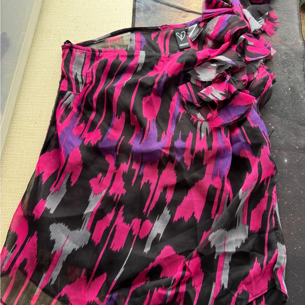 Windsor Pink and Black One-Shoulder Top